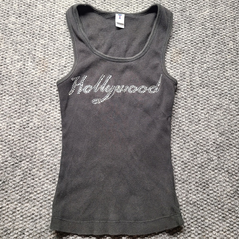 Vintage Toppy Hollywood Rhinestone Ribbed Tank Top Black S Mcbling cotton